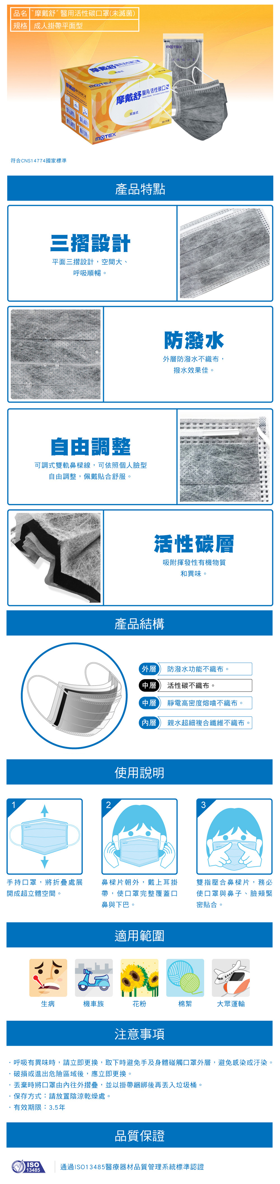 吸附異味平面活性碳口罩